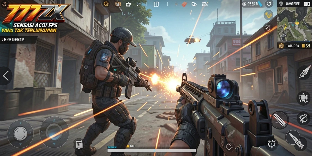 Tangkapan layar gameplay 777ZX menunjukkan aksi tembak-menembak yang intens.