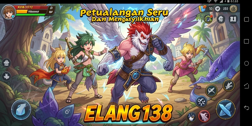 Tangkapan layar ELANG138 yang menampilkan pertarungan seru dan karakter Anime.