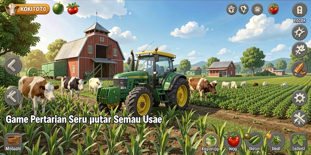 Tangkapan layar dari gameplay KOKITOTO yang menunjukkan kebun yang rimbun.