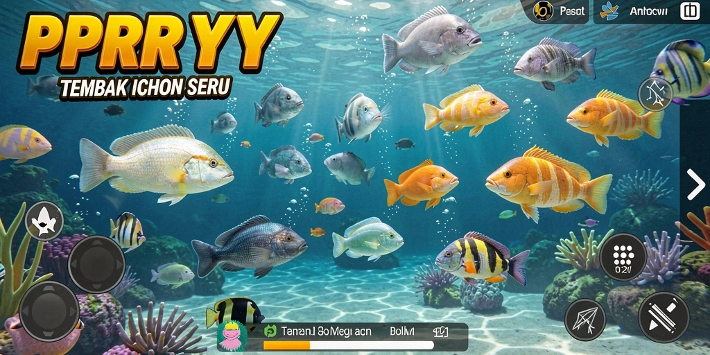 Tangkapan layar gameplay PPRRYY yang menunjukkan aksi menembak ikan.