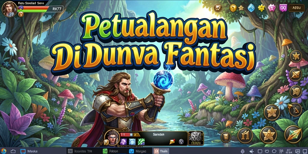 Screenshot utama RK77 menampilkan aksi petualangan seru di dunia fantasi.