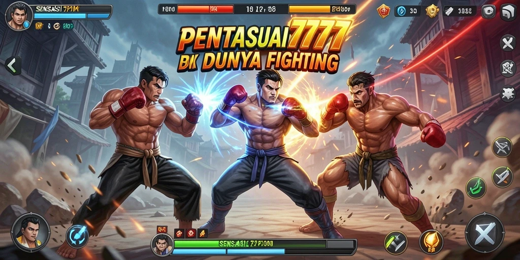 Tangkapan layar utama SENSASI777 menampilkan pertarungan mendebarkan antara dua karakter.