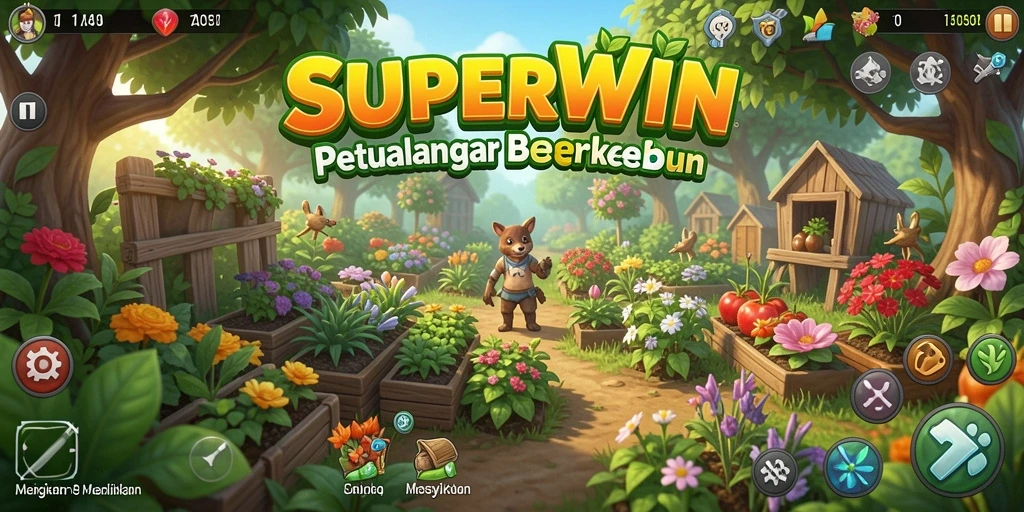 Tangkapan layar gameplay <strong>SUPERWIN</strong> menampilkan ladang subur dan hewan peliharaan yang menggemaskan.
